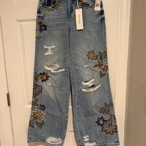 DRIFTWOOD Light Blue Floral Embroidered Wide Leg Jeans